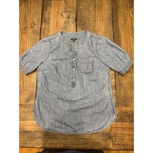 Talbots Denim‎ Puff Sleeve Blouse Blue Women's Size P Short-Sleeve Peasant Top